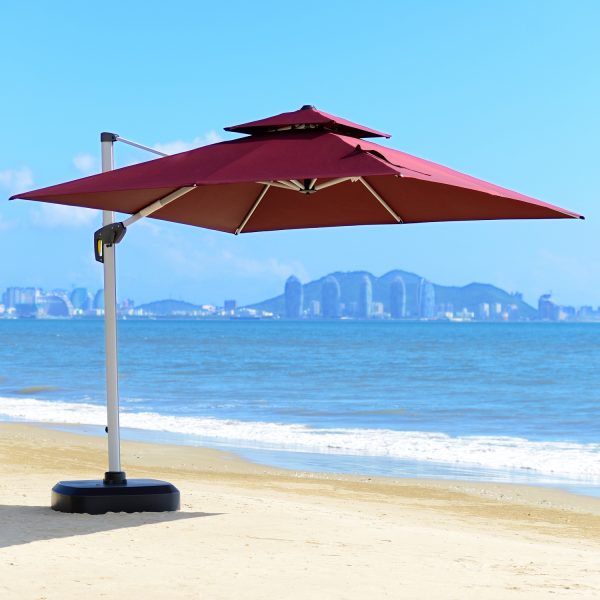 Beige PURPLE LEAF 10 Feet Double Top Deluxe Solar Powered LED Square Patio Umbrella Offset Hanging Umbrella Outdoor Market Umbrella Garden Umbrella